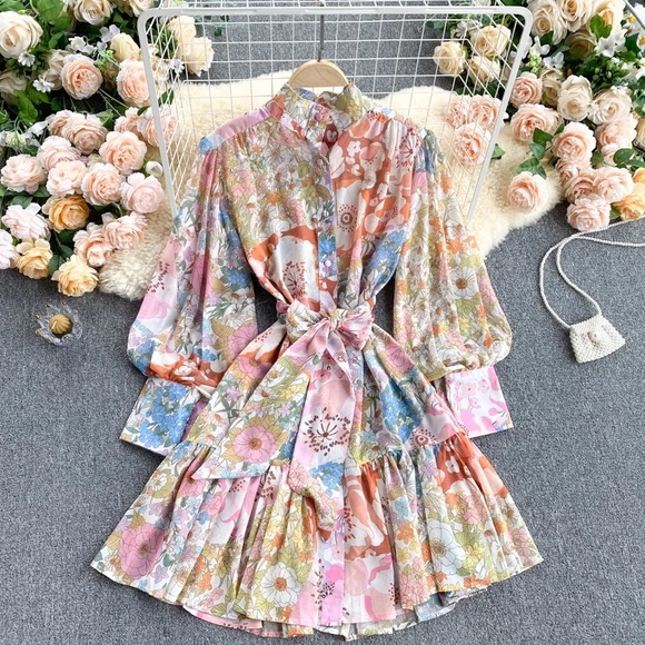 🎀 RUFFLE DRESS BOHO CHIC PASTEL MINI FLORAL FLOWER BOHEMIAN LAYER PRETTY CUTE - Picture 3 of 15